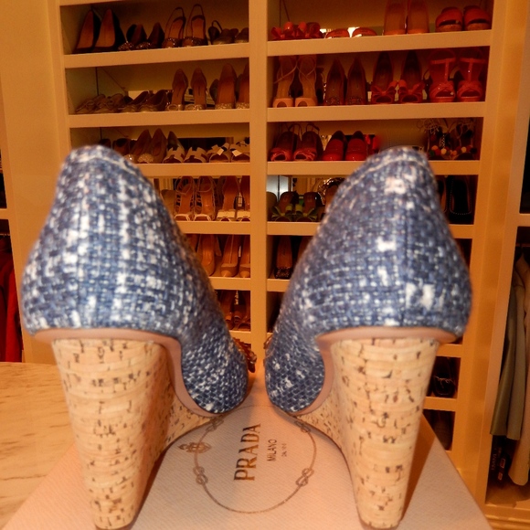Prada Tweed Blue Wedges with Bows Size 39 - Picture 6 of 8